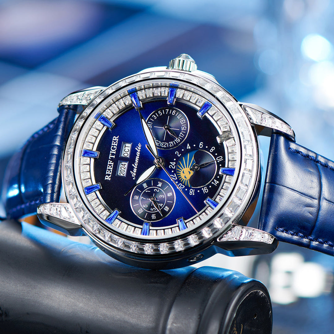 Reef Tiger Classic Philosopher Zirconia Bezel Multifunctional Mechanical Moon Phase Automatic Watch Blue RGA1988 image 4