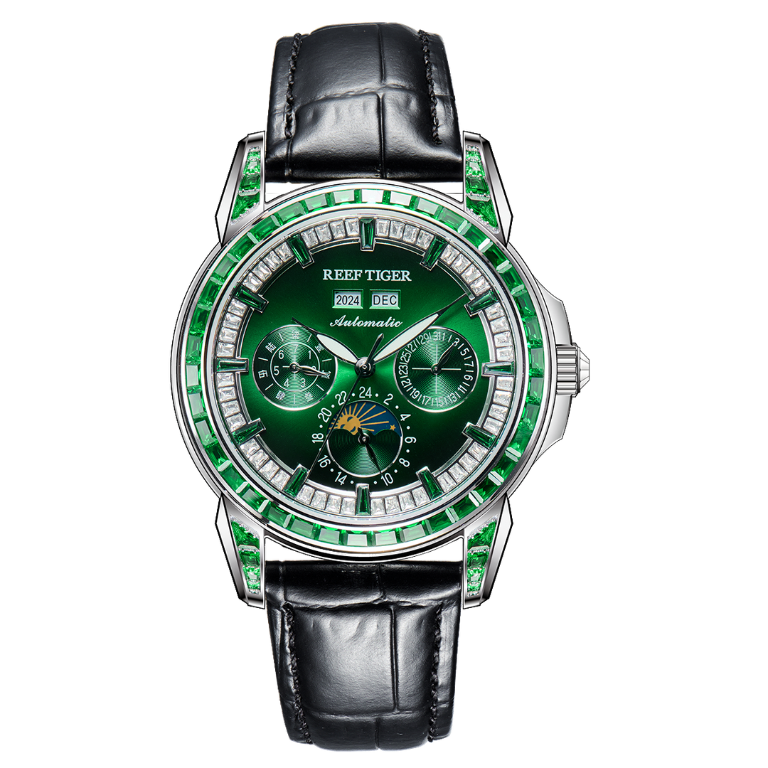 Reef Tiger Classic Philosopher Zirconia Bezel Multifunctional Mechanical Moon Phase Automatic Watch Green RGA1988 image 0