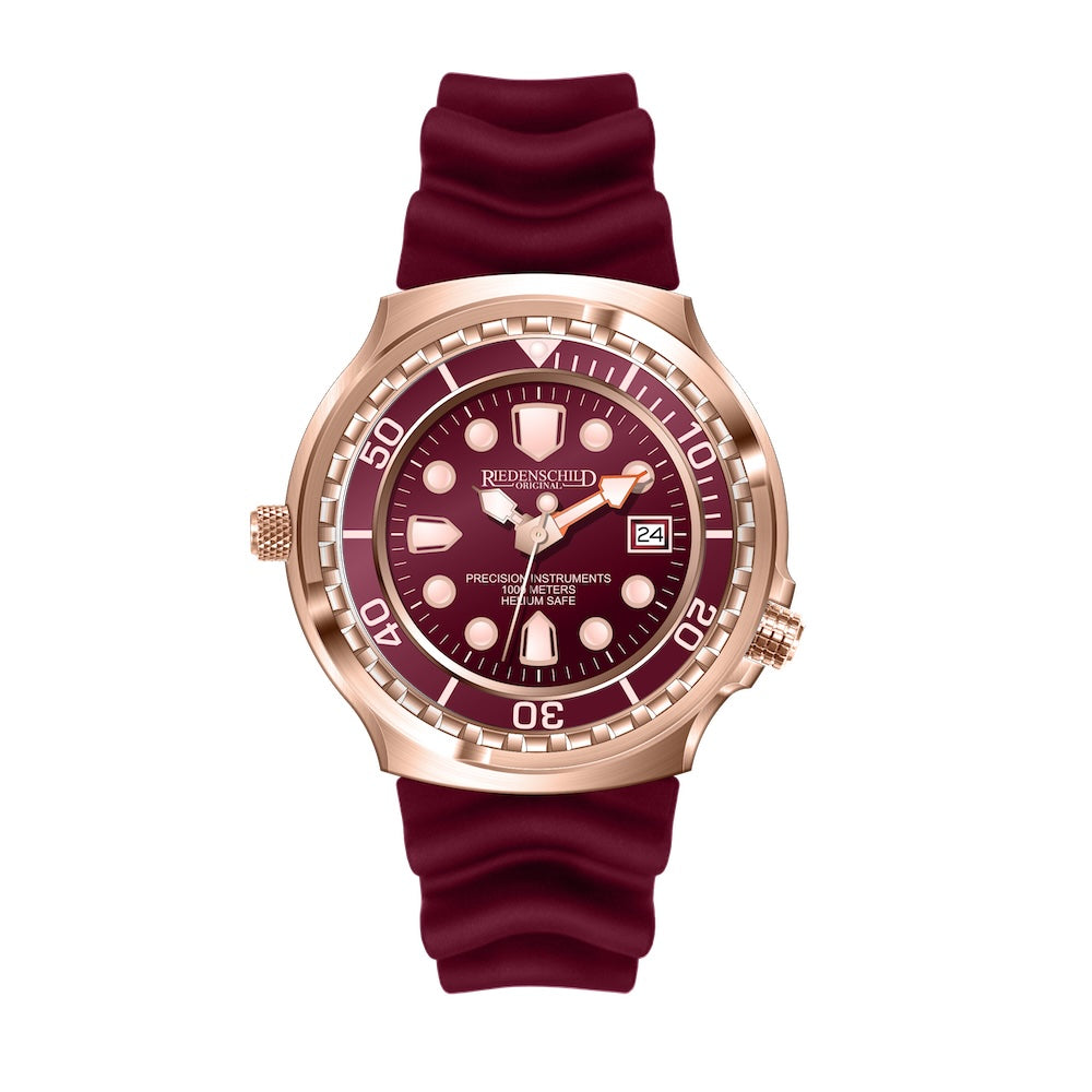 RIEDENSCHILD PRECISION INSRUMENTS GERMANY Divers Taucheruhr 1000m Helium Valve Watch Rose Gold/Burgandy image 4