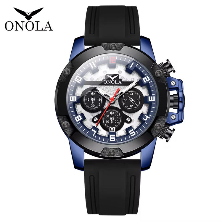 ONOLA Freeman Quartz Chronograph Silicone Strap Watch - Silver / Blue / Black image