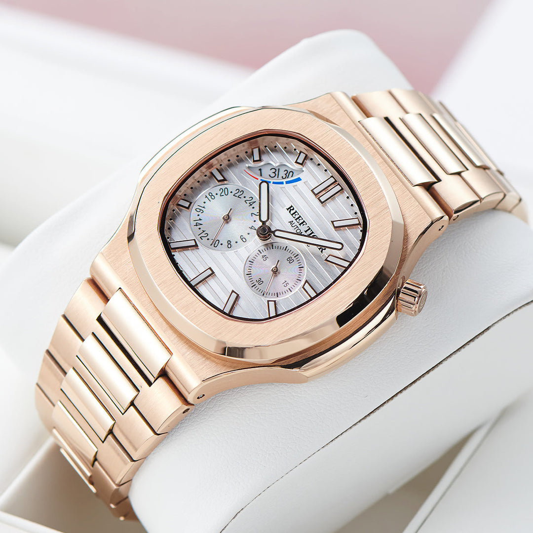 Reef Tiger Men's Peak 44mm Square Crystal Bezel Automatic Watch RGA2019 Rose Gold/White image 7