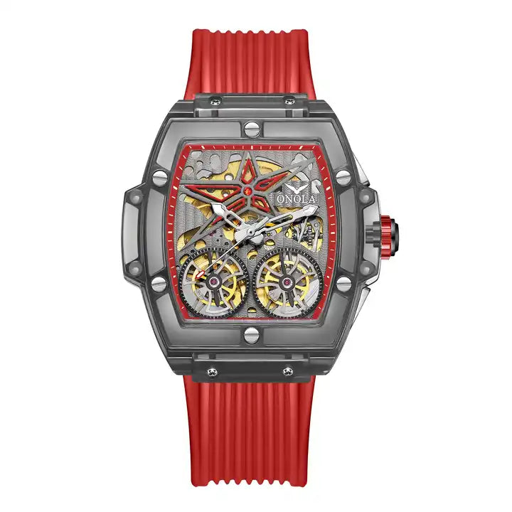 ONOLA Clear Series Plastic Transparent Maximus Double Barrel AUTOMATIC Watch - Black / Red image