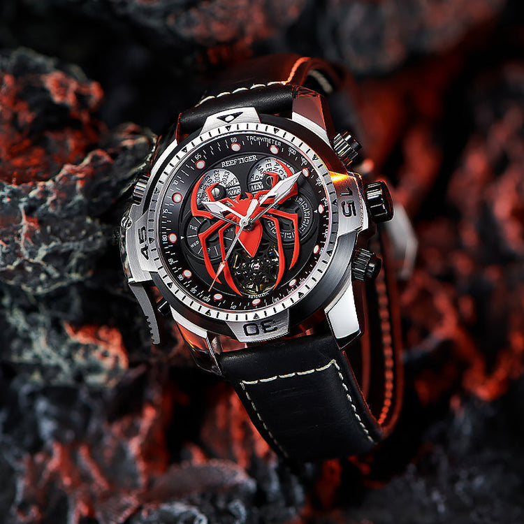 Reef Tiger Men's Aurora Spider Automatic Chronograph Watch Silver/Red image 4
