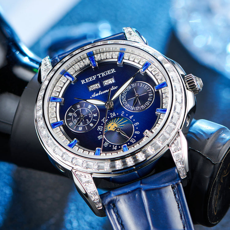 Reef Tiger Classic Philosopher Zirconia Bezel Multifunctional Mechanical Moon Phase Automatic Watch Blue RGA1988 image 2