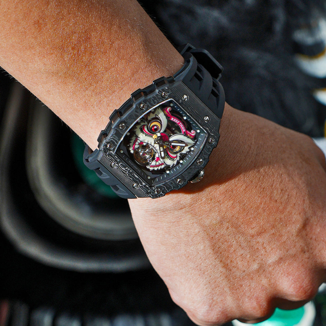 Reef Tiger Men's Chinese Lion Dance Automatic Skeleton Watch RGA3009 Black image 8