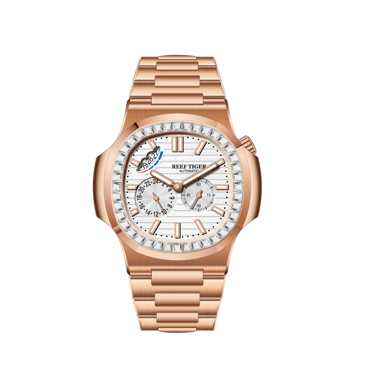 Reef Tiger Men's Peak 44mm Square Crystal Bezel Automatic Watch RGA2019 Rose Gold/White - Zirconia Bezel image