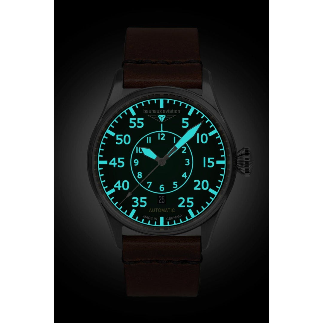 BAUHAUS AVIATION Men's Flight Control Automatic Night-Glow Leather Strap Watch 27564 image 3