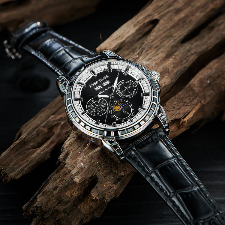 Reef Tiger Classic Philosopher Zirconia Bezel Multifunctional Mechanical Moon Phase Automatic Watch Black RGA1988 image 3