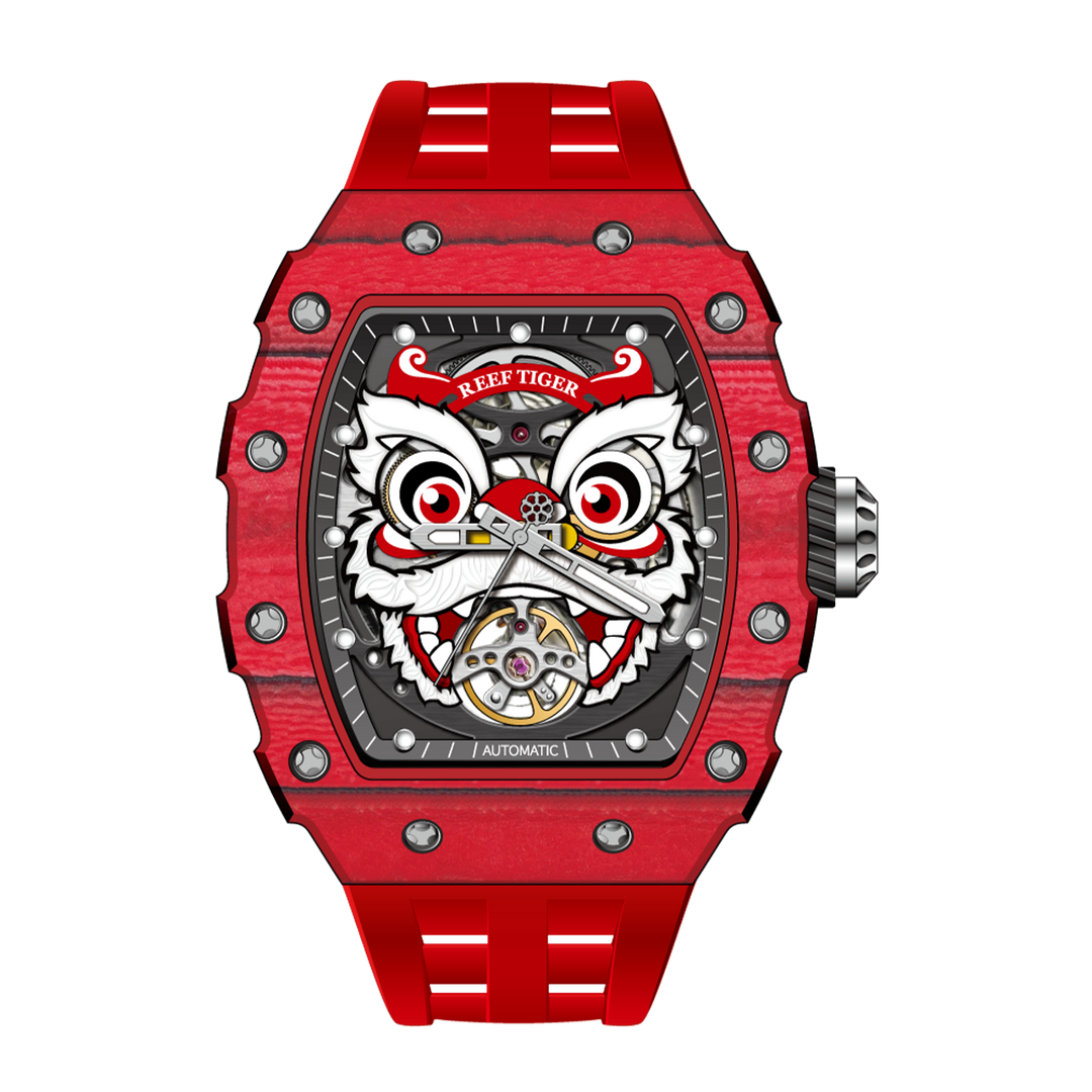 Reef Tiger Men's Chinese Lion Dance Automatic Skeleton Watch RGA3009 Red image 3