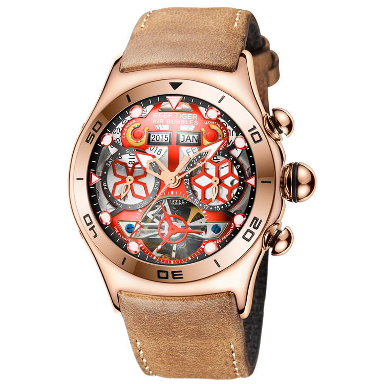 Reef Tiger Men's Aurora Air Bubbles Automatic Mechanical Skeleton Watch Rose Gold/Camel image 6