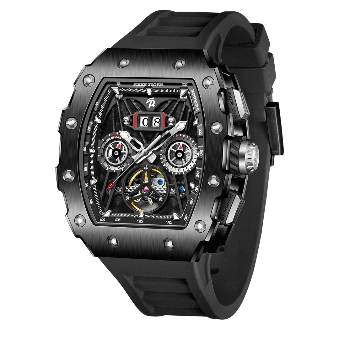 Reef Tiger Men's Aurora Titan Mechanical Multifunctional Day/Date Skeleton Automatic Watch RGA3009 Black image 1