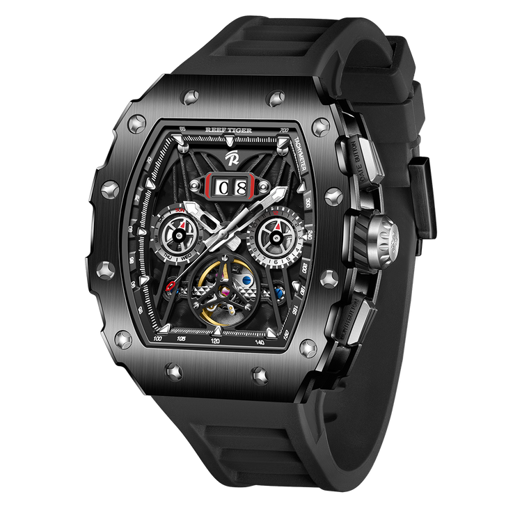 Reef Tiger Men's Aurora Titan Mechanical Multifunctional Day/Date Skeleton Automatic Watch RGA3009 Black image 1