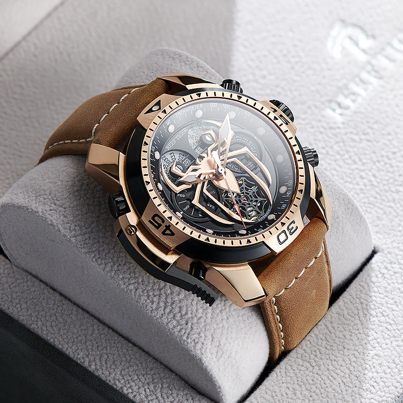 Reef Tiger Men's Aurora Spider Automatic Chronograph Watch Rose Gold/Black image 7