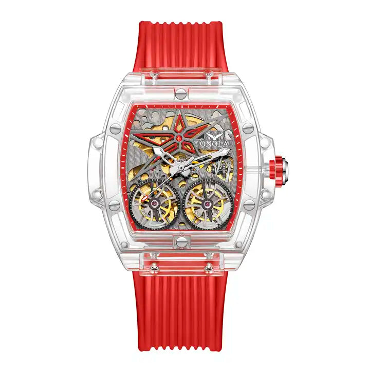 ONOLA Clear Series Plastic Transparent Maximus Double Barrel AUTOMATIC Watch - Clear / Red image