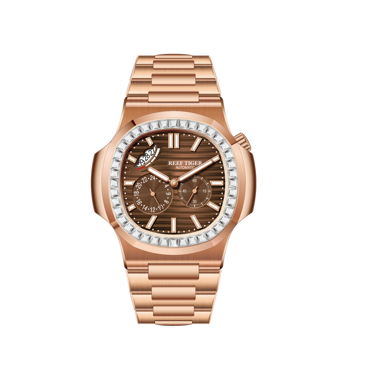Reef Tiger Men's Peak 44mm Square Crystal Bezel Automatic Watch RGA2019 Rose Gold/Brown - Zirconia Bezel image