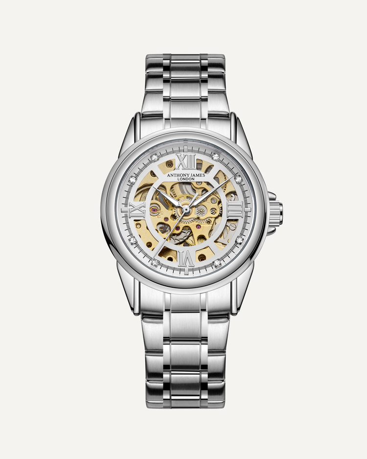 Skeleton Automatic Steel & White Mens Watch image 0
