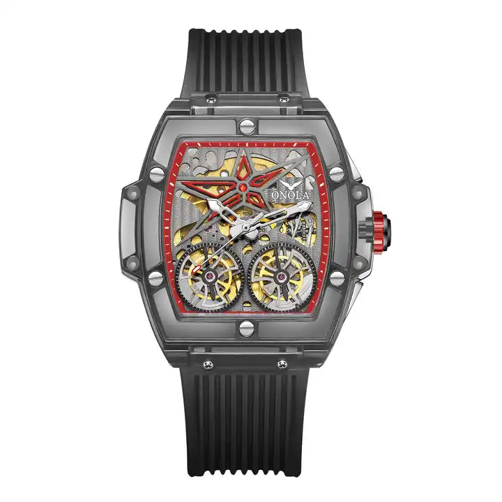 ONOLA Clear Series Plastic Transparent Maximus Double Barrel AUTOMATIC Watch - Black / Red Trim / Black image