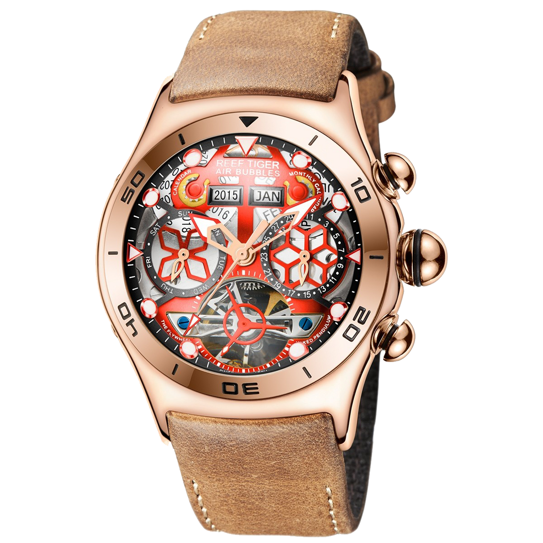 Reef Tiger Men's Aurora Air Bubbles Automatic Mechanical Skeleton Watch Rose Gold/Camel - Leather image