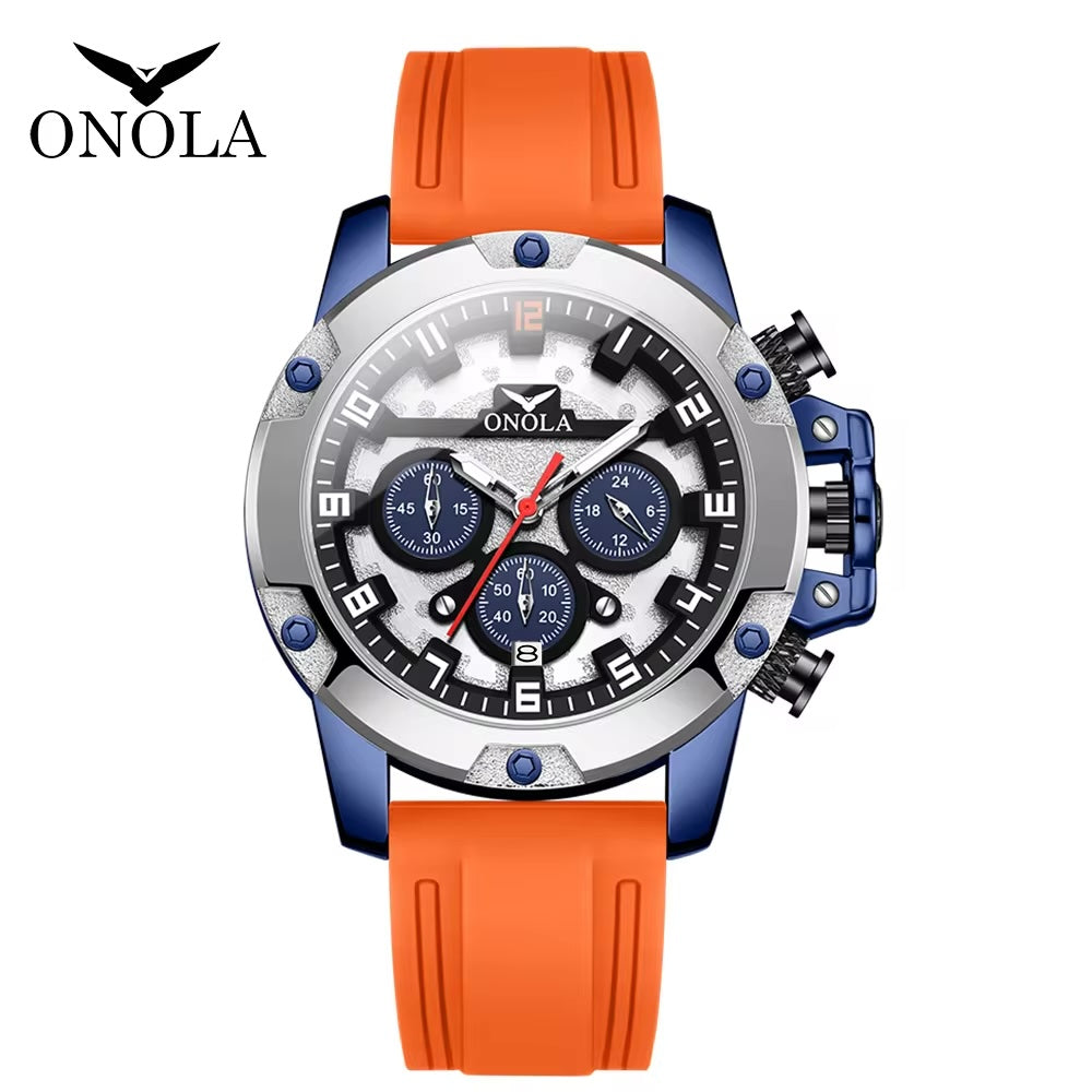 ONOLA Freeman Quartz Chronograph Silicone Strap Watch - Silver / Orange image