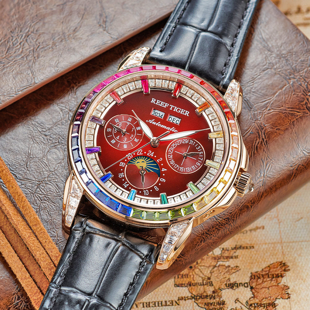 Reef Tiger Classic Philosopher Zirconia Bezel Multifunctional Mechanical Moon Phase Automatic Watch Rose Gold/Burgandy RGA1988 image 1