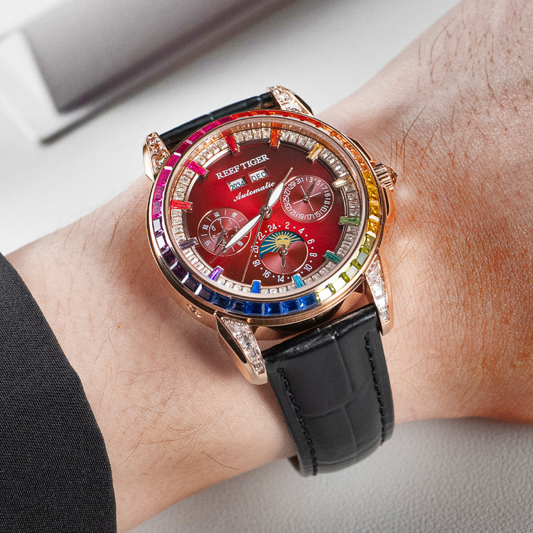 Reef Tiger Classic Philosopher Zirconia Bezel Multifunctional Mechanical Moon Phase Automatic Watch Rose Gold/Burgandy RGA1988 image 4