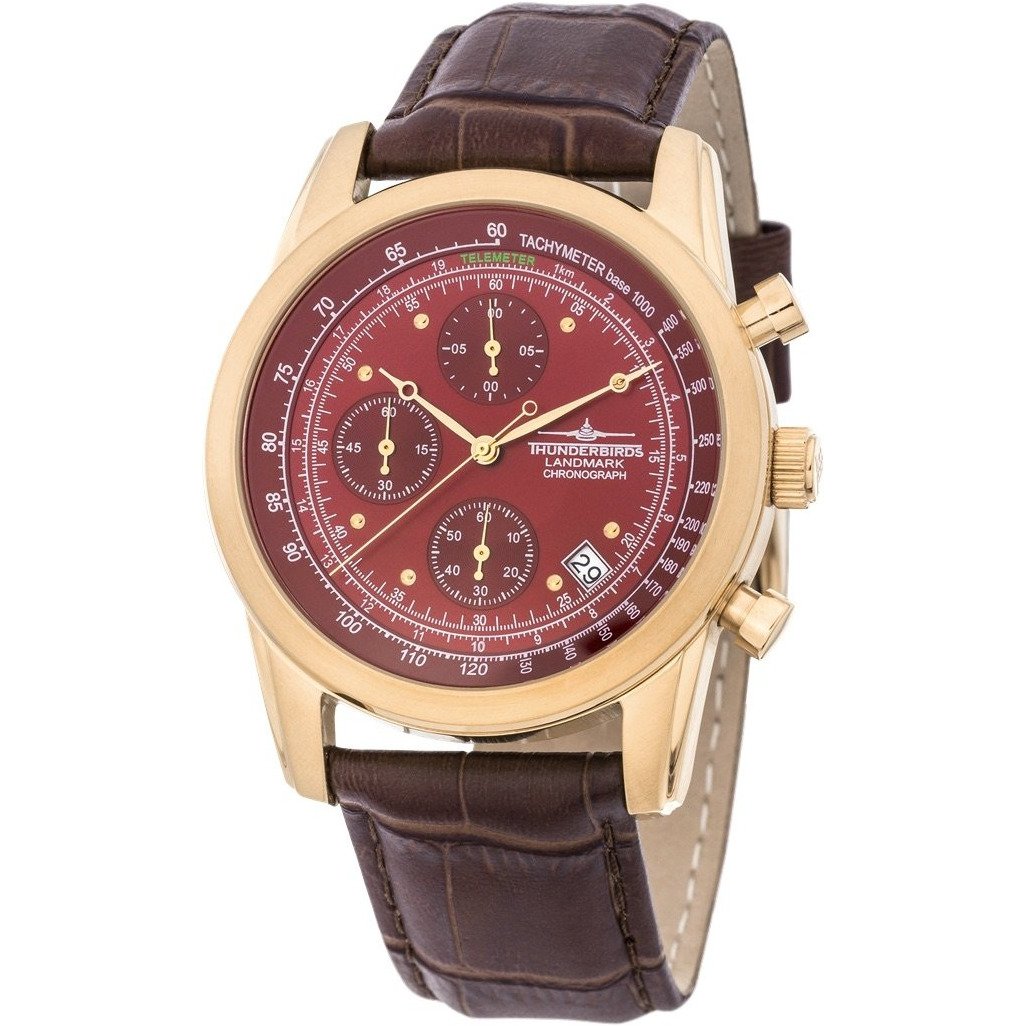 THUNDERBIRDS Landmark Chronograph Leather Watch Gold/Maroon image 0