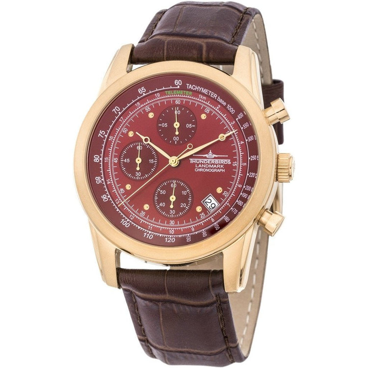 THUNDERBIRDS Landmark Chronograph Leather Watch Gold/Maroon image 0