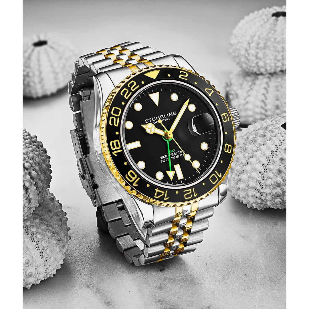 STUHRLING ORIGINAL Meridian GMT Diver 44mm 100m Two Tone Jubilee Watch