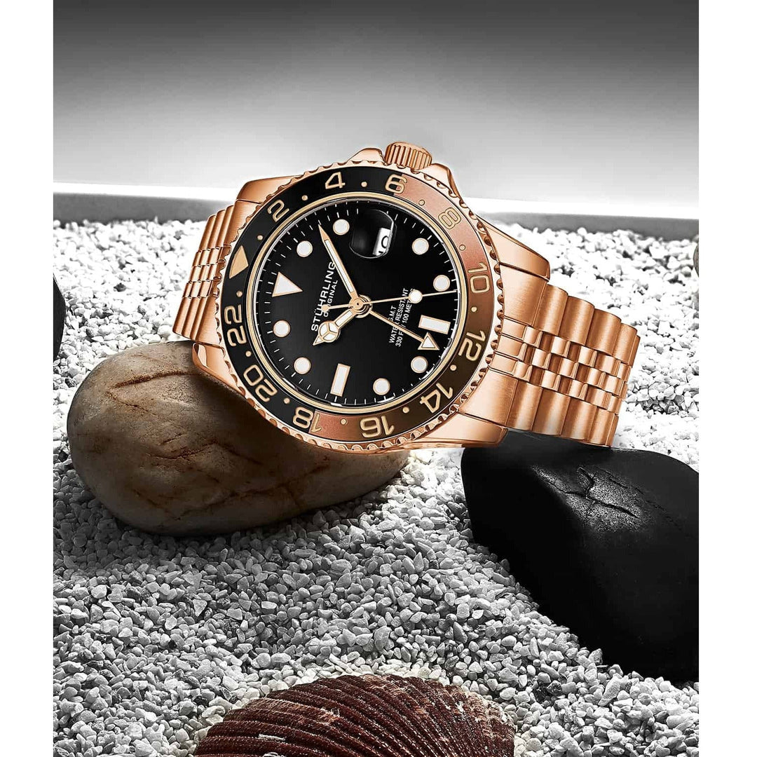 STUHRLING ORIGINAL Meridian GMT Diver 44mm 100m Rose Gold Jubilee Watch