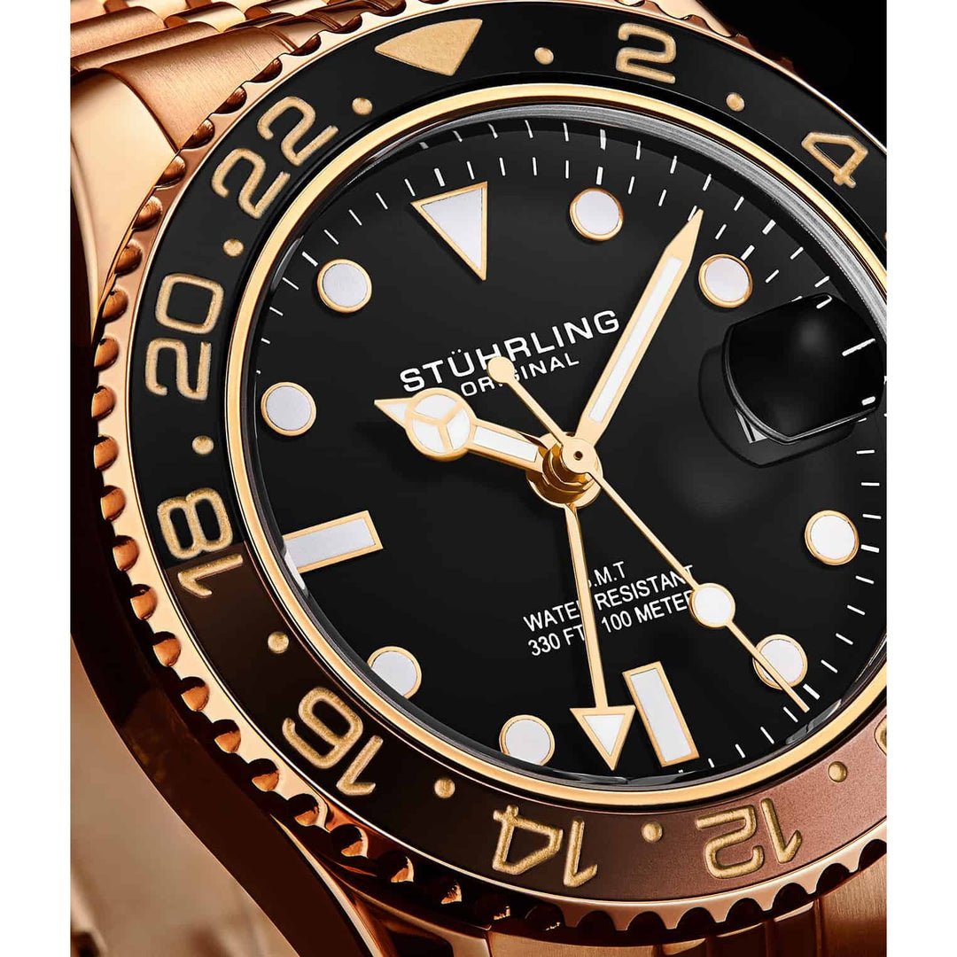 STUHRLING ORIGINAL Meridian GMT Diver 44mm 100m Rose Gold Jubilee Watch