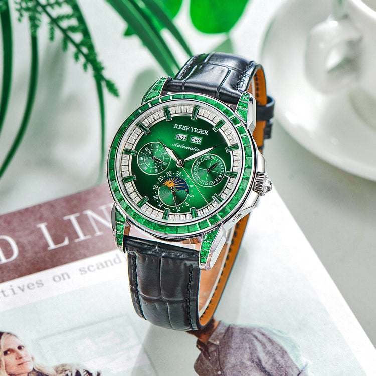 Reef Tiger Classic Philosopher Zirconia Bezel Multifunctional Mechanical Moon Phase Automatic Watch Green RGA1988 image 1