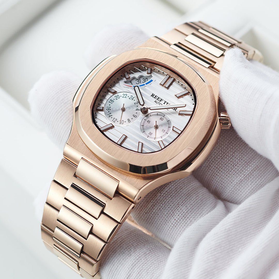 Reef Tiger Men's Peak 44mm Square Crystal Bezel Automatic Watch RGA2019 Rose Gold/White image 8