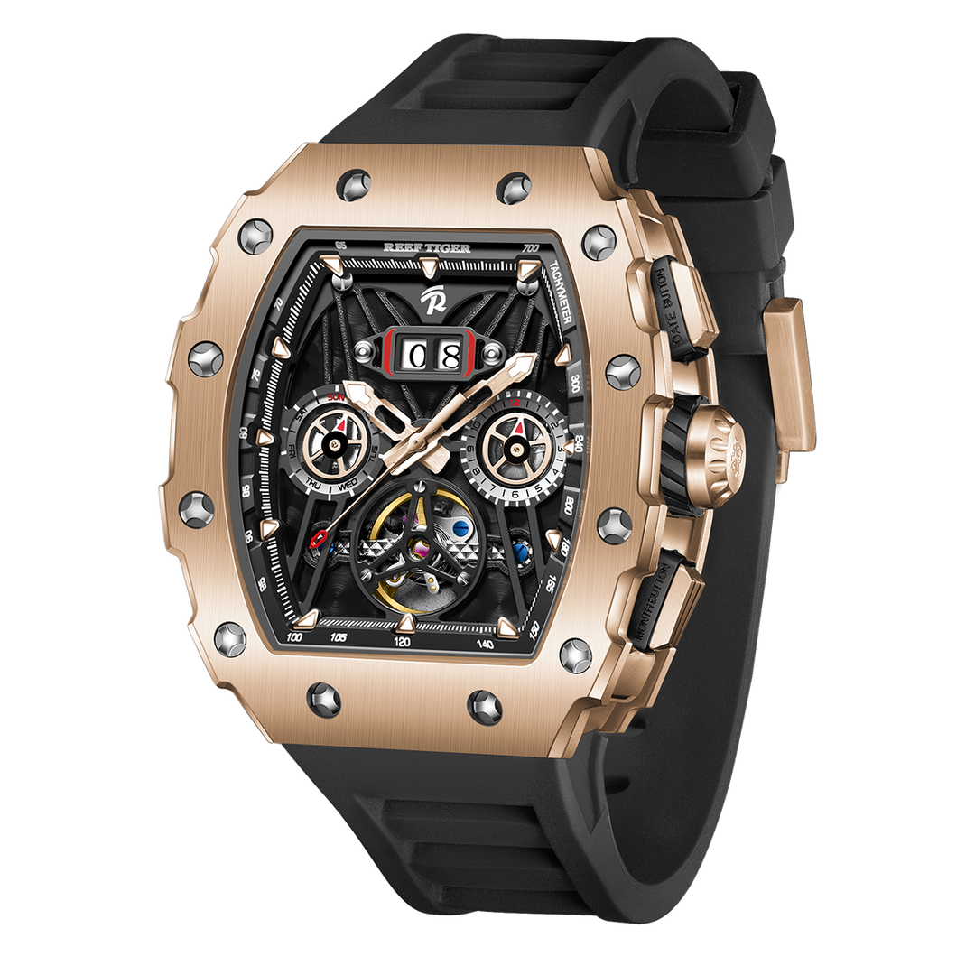 Reef Tiger Men's Aurora Titan Mechanical Multifunctional Day/Date Skeleton Automatic Watch RGA3009 Rose Gold image 1