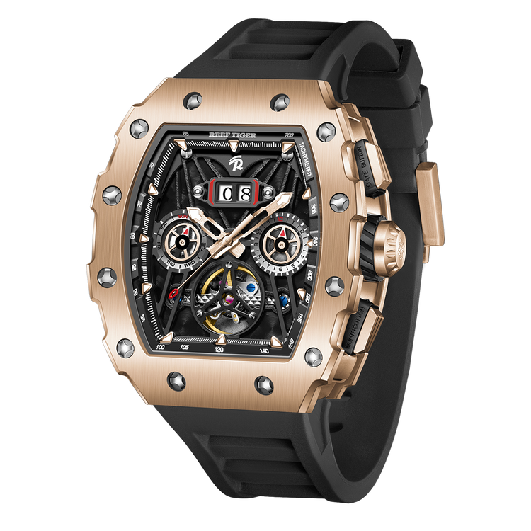 Reef Tiger Men's Aurora Titan Mechanical Multifunctional Day/Date Skeleton Automatic Watch RGA3009 Rose Gold image 1