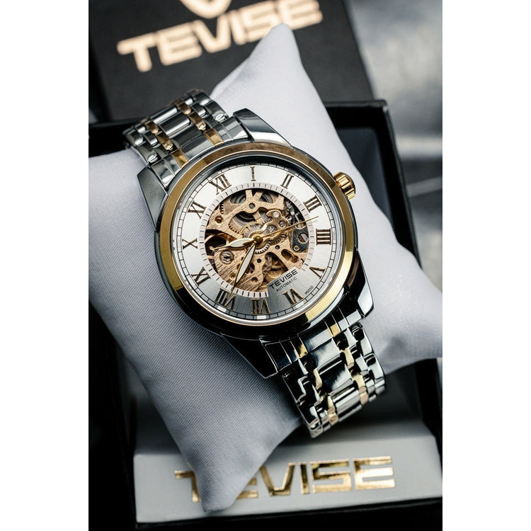 TEVISE Skeleton Classic Steel Two Tone Silver Watch image 5