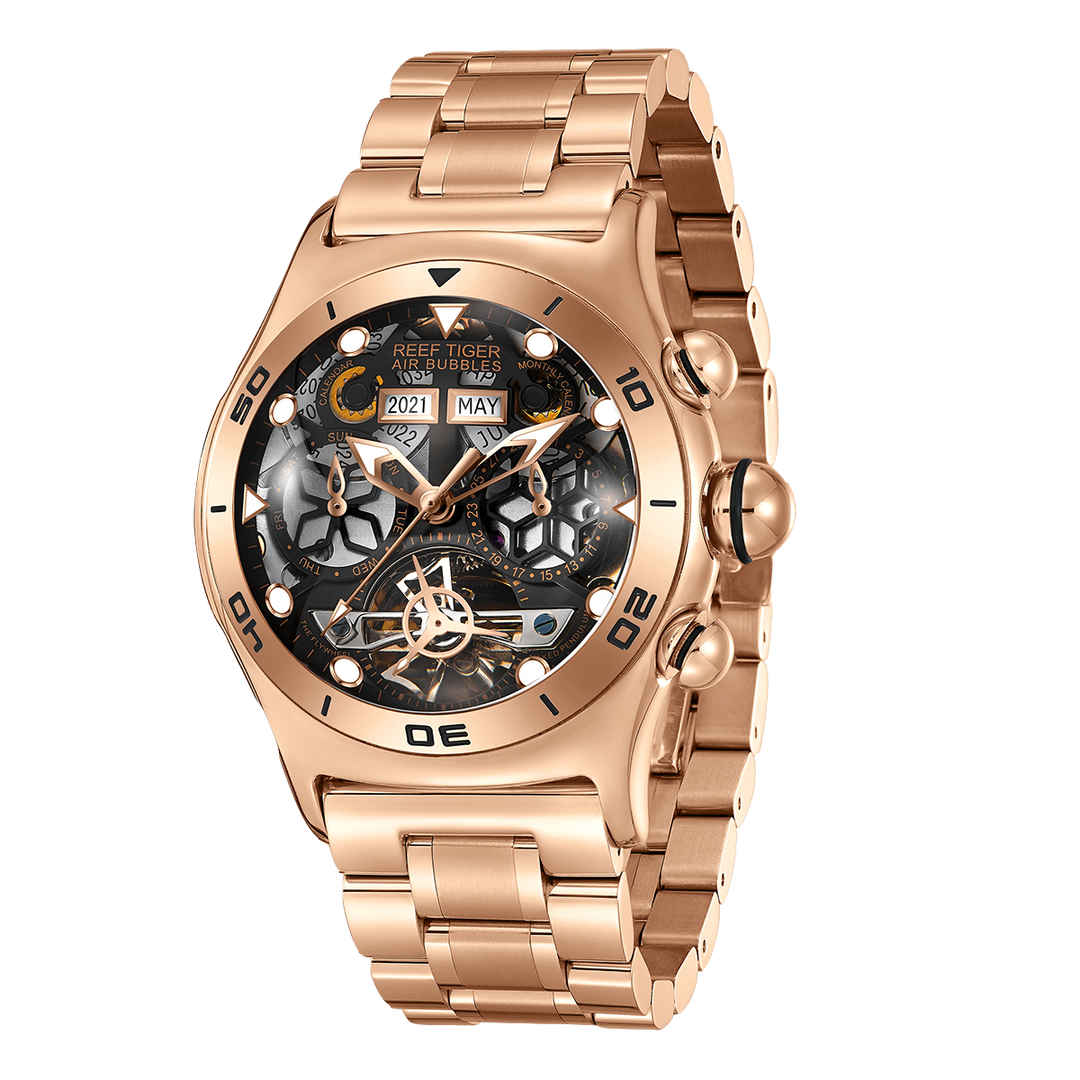 Reef Tiger Men's Aurora Air Bubbles Automatic Mechanical Skeleton Watch - Steel image