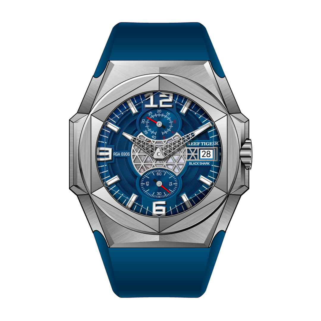 Reef Tiger Men's Black Shark Traveler Multifunctional Automatic Mechanical Dive Watch RGA6906 Blue image 0