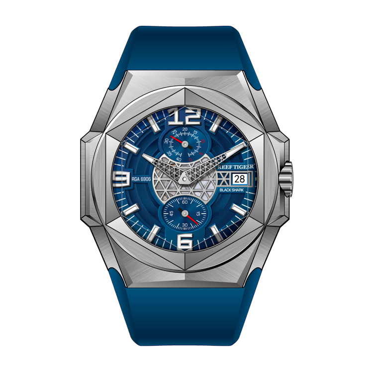 Reef Tiger Men's Black Shark Traveler Multifunctional Automatic Mechanical Dive Watch RGA6906 Blue image 0