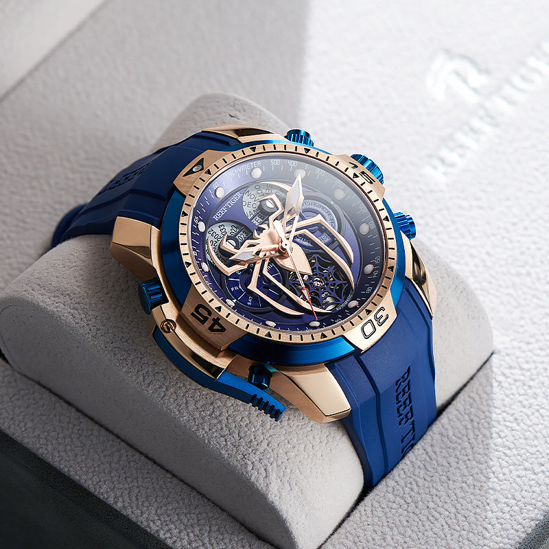 Reef Tiger Men's Aurora Spider Automatic Chronograph Watch Rose Gold/Blue image 1