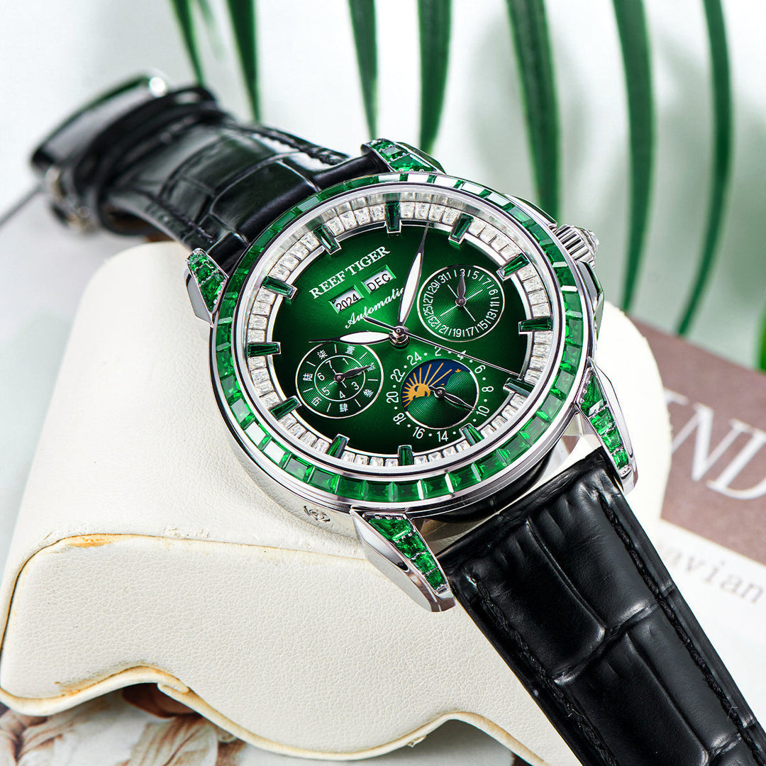Reef Tiger Classic Philosopher Zirconia Bezel Multifunctional Mechanical Moon Phase Automatic Watch Green RGA1988 image 3