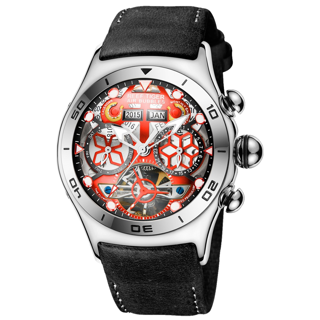 Reef Tiger Men's Aurora Air Bubbles Automatic Mechanical Skeleton Watch - Leather image