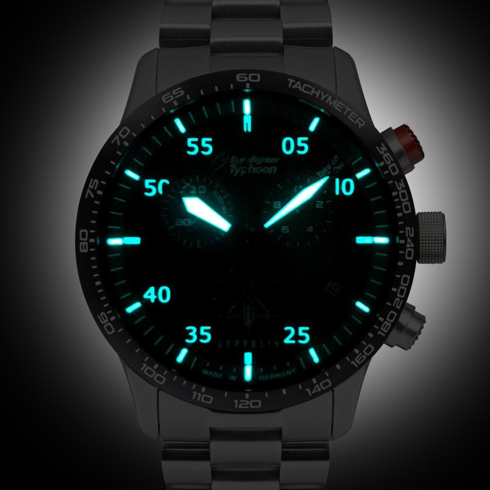 ZEPPELIN Men's Eurofighter Typhoon Night-Glow Chronograph Steel Watch + FREE Leather Strap 7298M3 image 0