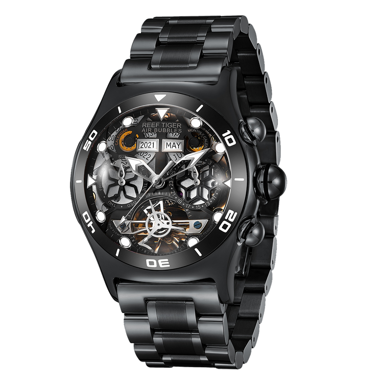 Reef Tiger Men's Aurora Air Bubbles Automatic Mechanical Skeleton Watch - Steel image