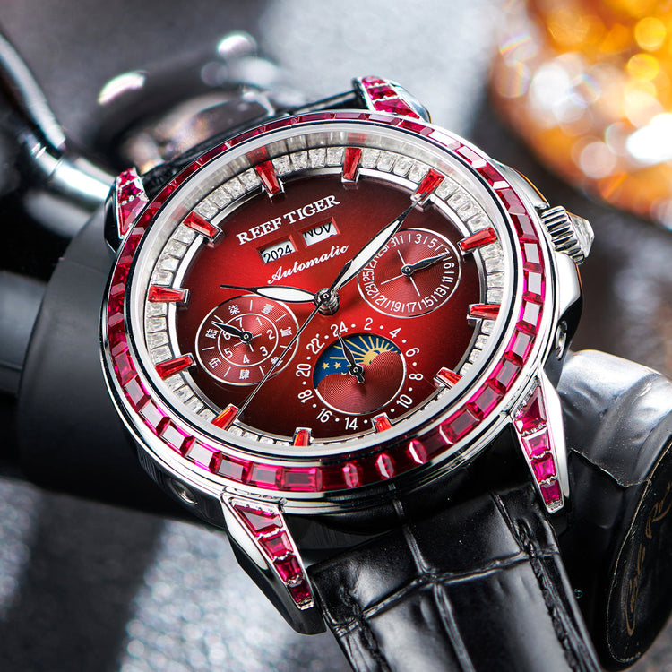Reef Tiger Classic Philosopher Zirconia Bezel Multifunctional Mechanical Moon Phase Automatic Watch Burgandy RGA1988 image 2