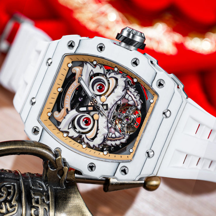 Reef Tiger Men's Chinese Lion Dance Automatic Skeleton Watch RGA3009 White image 1