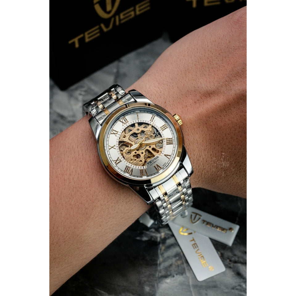 TEVISE Skeleton Classic Steel Two Tone Silver Watch image 4