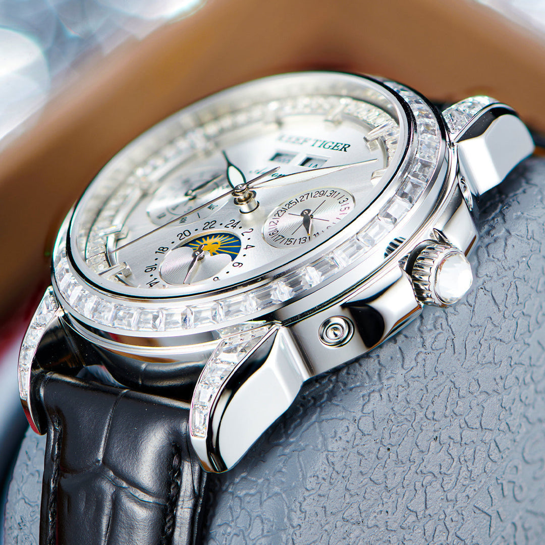 Reef Tiger Classic Philosopher Zirconia Bezel Multifunctional Mechanical Moon Phase Automatic Watch Silver RGA1988 image 5