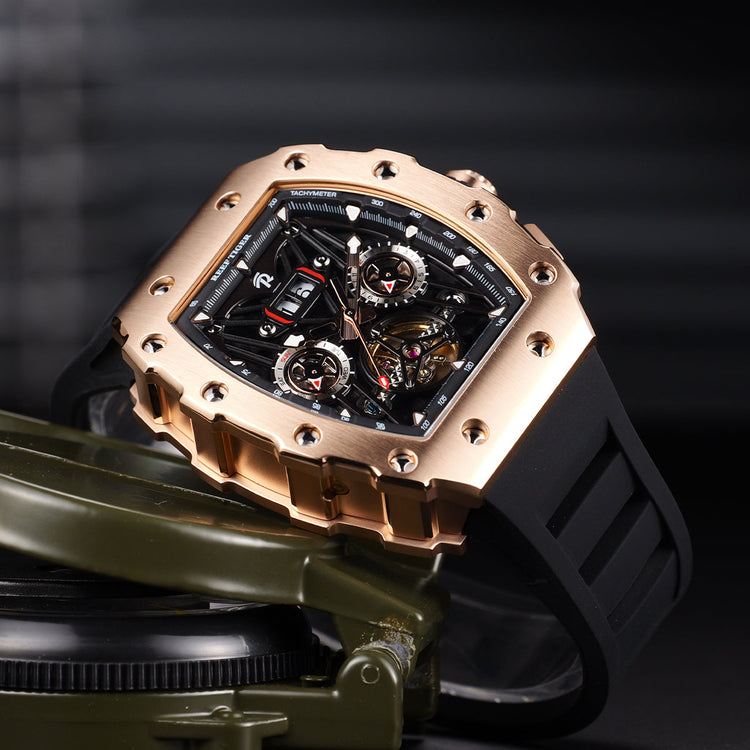 Reef Tiger Men's Aurora Titan Mechanical Multifunctional Day/Date Skeleton Automatic Watch RGA3009 Rose Gold image 4