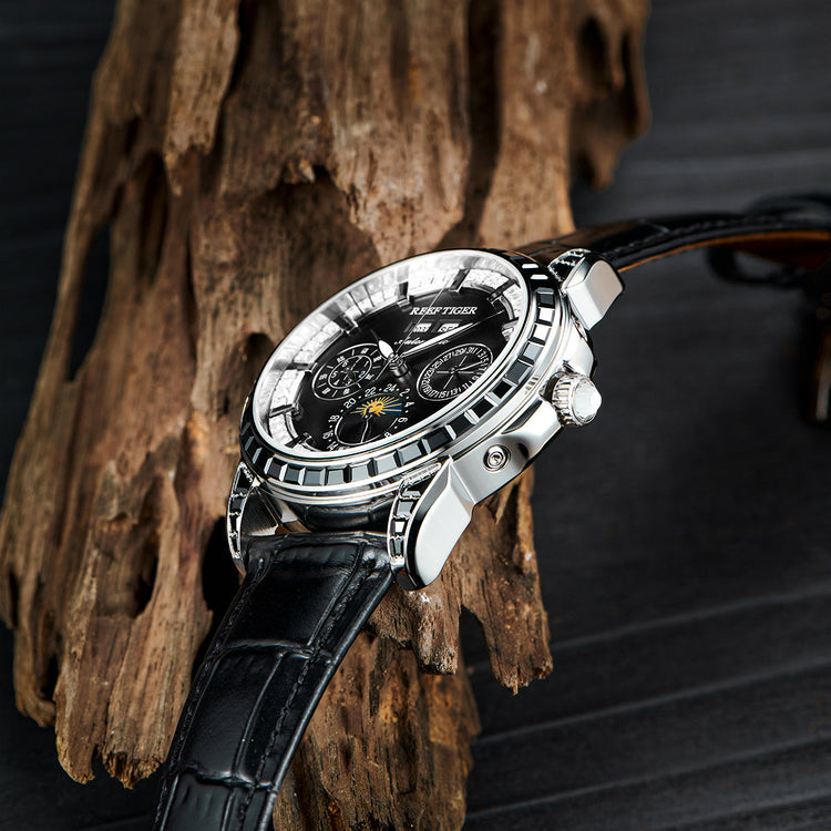 Reef Tiger Classic Philosopher Zirconia Bezel Multifunctional Mechanical Moon Phase Automatic Watch Black RGA1988 image 5