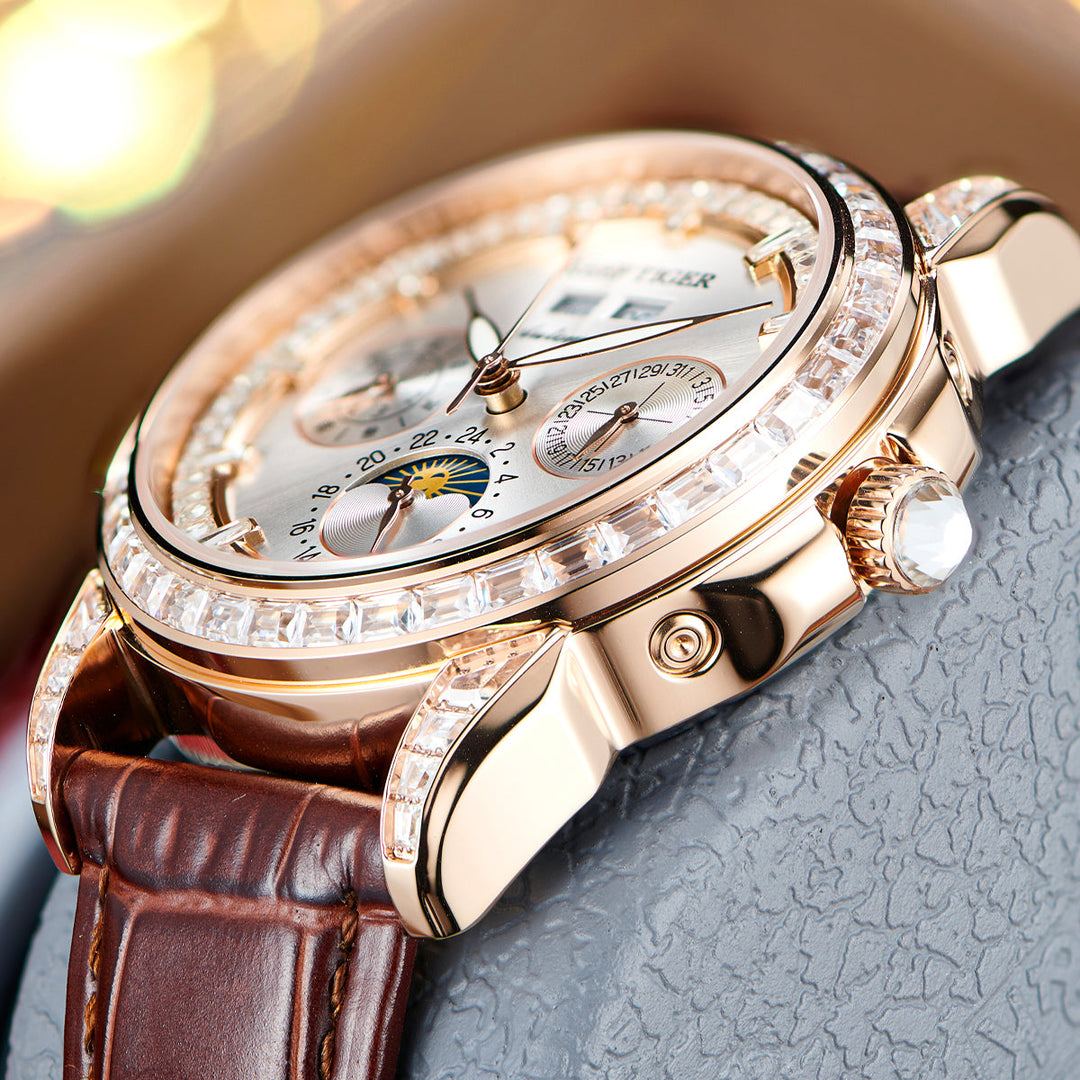 Reef Tiger Classic Philosopher Zirconia Bezel Multifunctional Mechanical Moon Phase Automatic Watch Luxury Rose Gold RGA1988 image 5